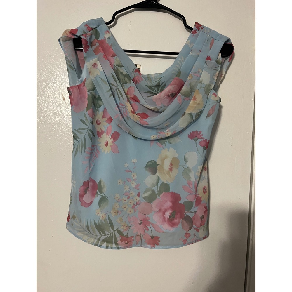 JG Hook Light Blue Floral Cowl Neck Chiffon Sleeveless Blouse Top 4P Made in USA